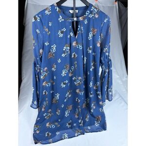 Altard State Blue Floral Bell Sleeve Shift Dress Womens Large Boho Keyhole L